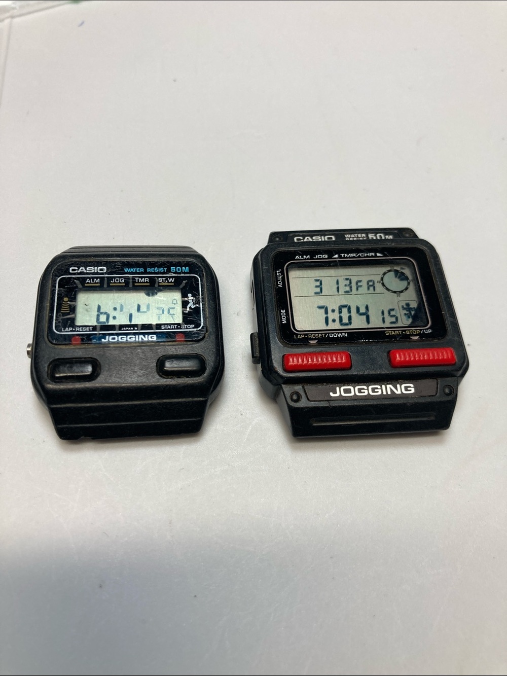 Lot of 2 vintage Casio Jogging Digital Watches, J-31W, J-51W, PARTS/RESTORE